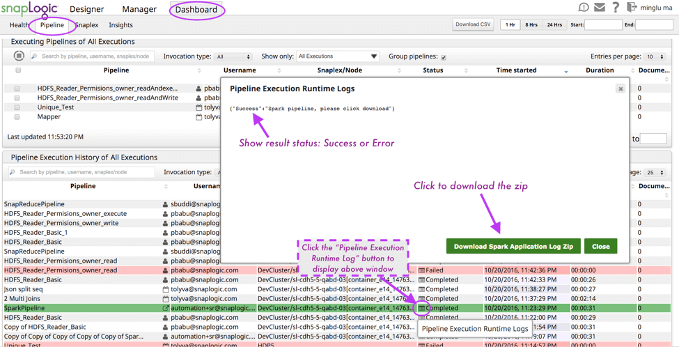 Snaplogic's dashboard