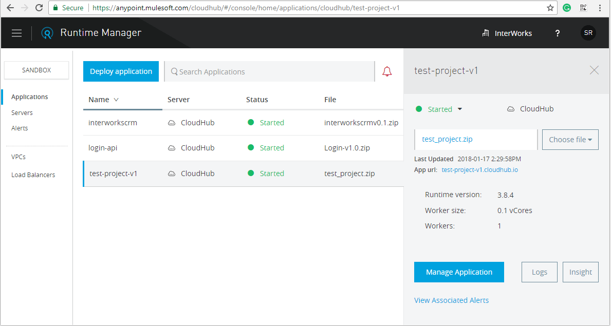 The application named “test-project-v1” is deployed and started successfully