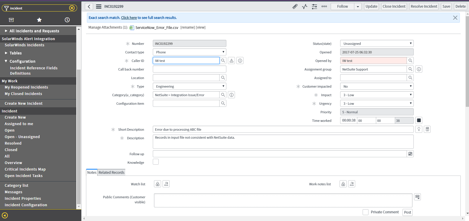 ServiceNow UI incident ticket with attachment preview