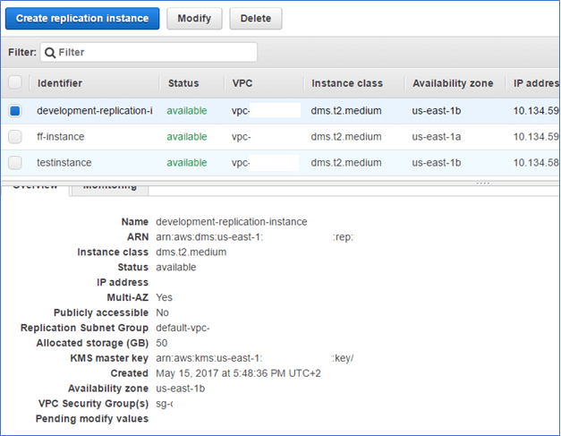 Creating an operational replication instance