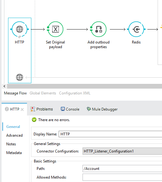 Mule flow with HTTP listener configured for HTTP URI path ‘/Account’