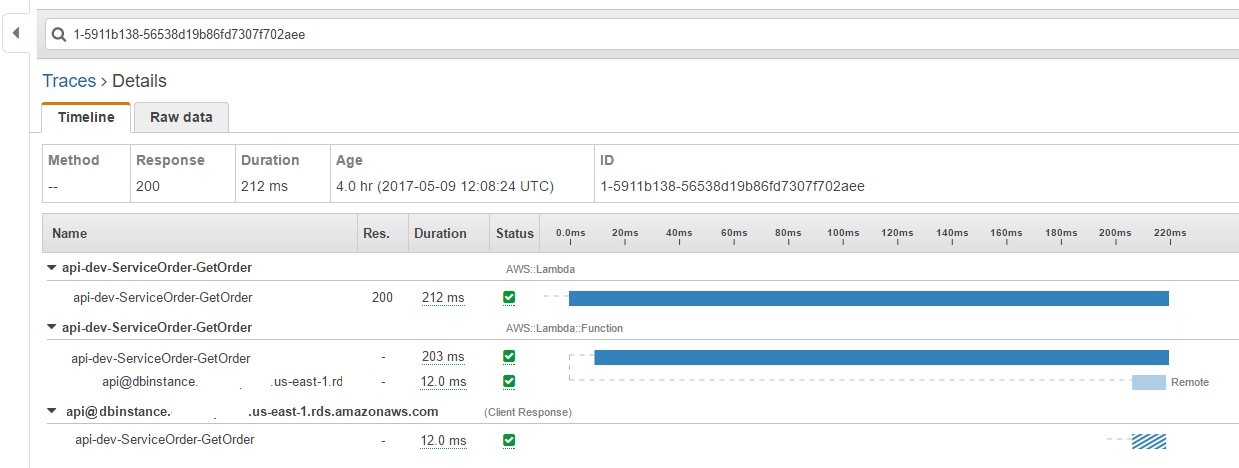 In Trace->Details more info can be found about separate underlying processes in Lambda execution.