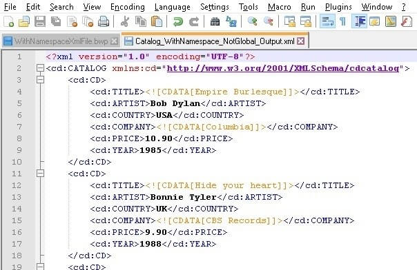 Validation, the output xml contains TITLE and COMPANY elements with values wrapped in CDATA section.