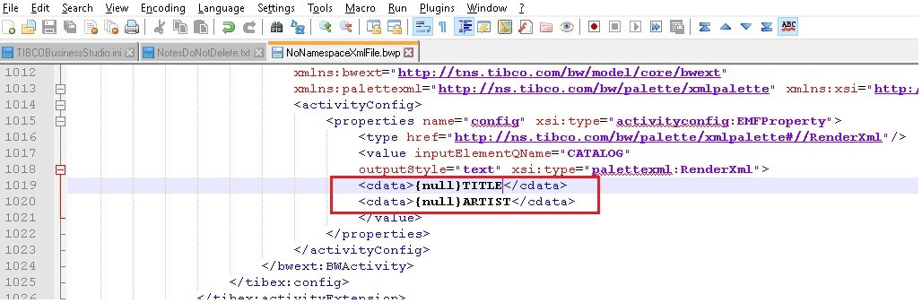 Replace CATALOG element with elements that are required to have CDATA section. In this example TITLE and ARTIST.