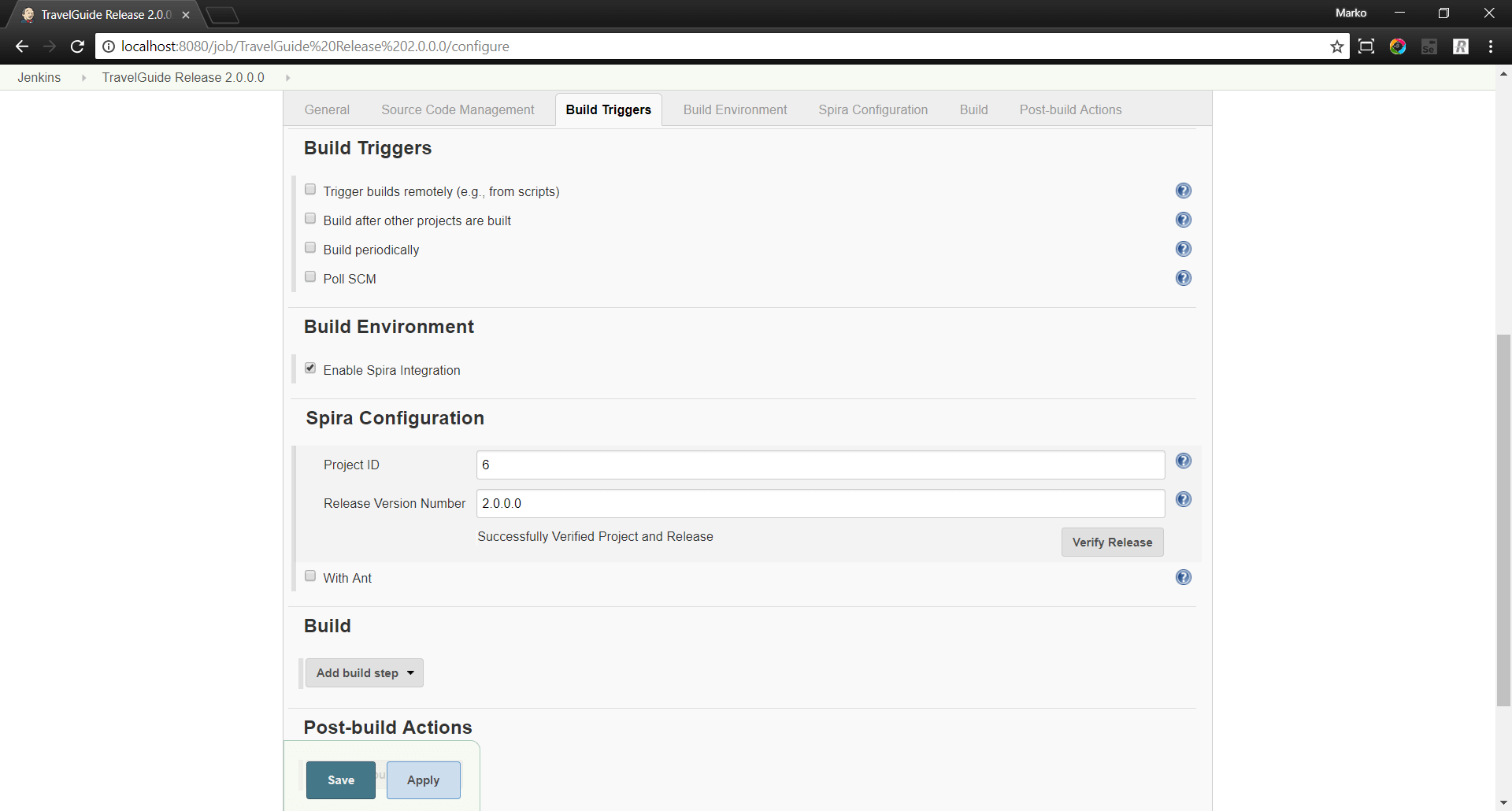 Verifying in Jenkins that “Project ID” and “Release Version Number” exists in SpiraTest