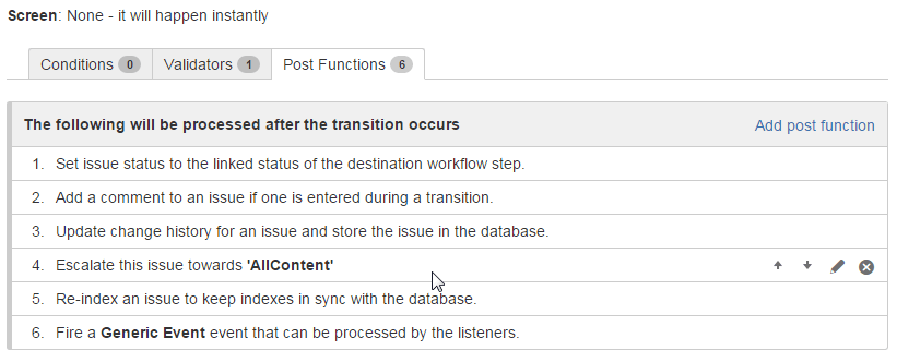 Adding post functions on transition