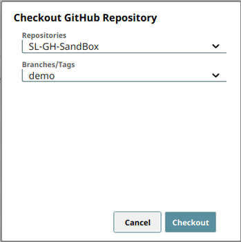 When you open the Checkout GitHub Reporstory option, you’ll see two boxes: Repositories, and Branches/Tags