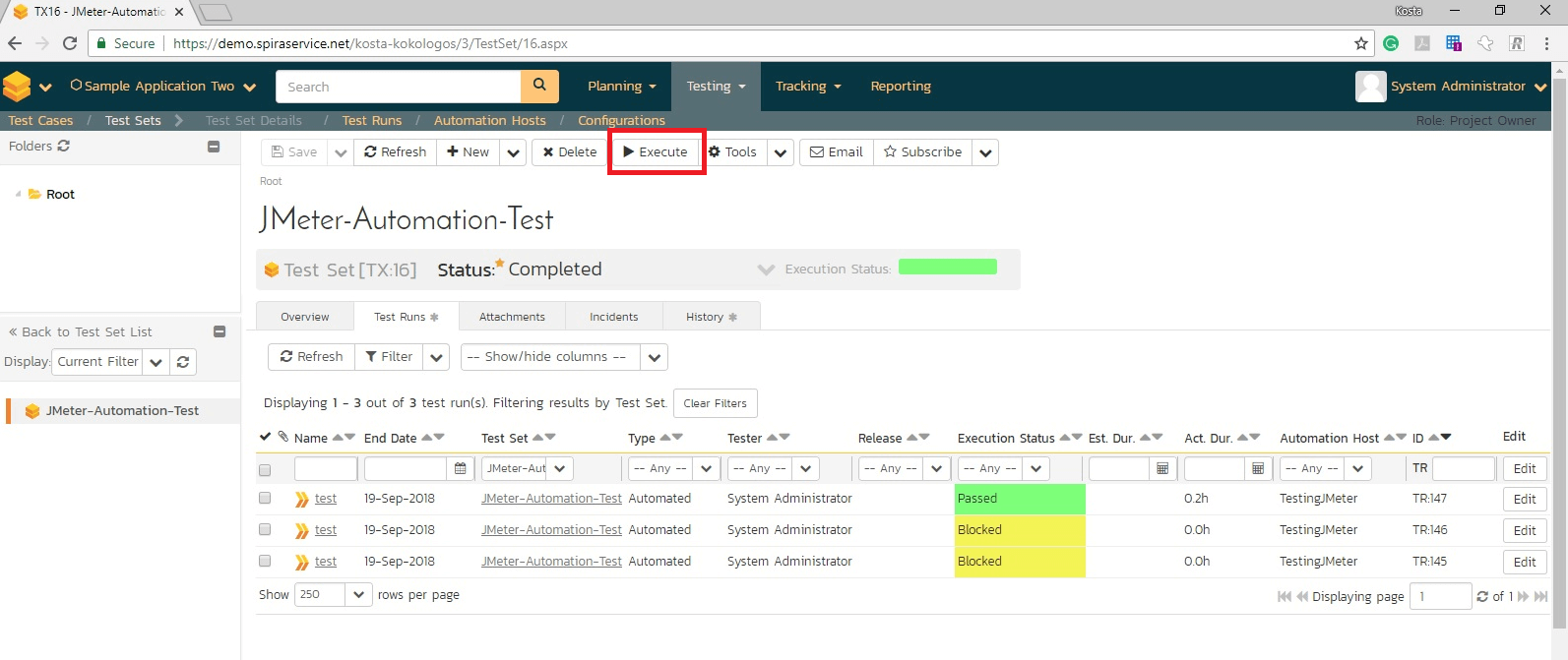 In SpiraTest navigate to the TestSet that was configured for automated test run, in the previous steps, and in order to trigger tests just click Execute button