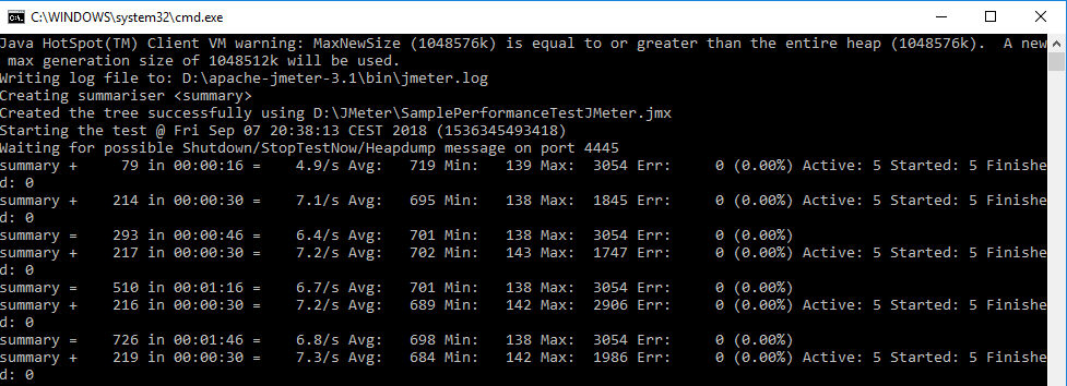 After starting the TestSet and tests are executing you will see a Windows command prompt open as JMeter executes the tests included in the TestSet