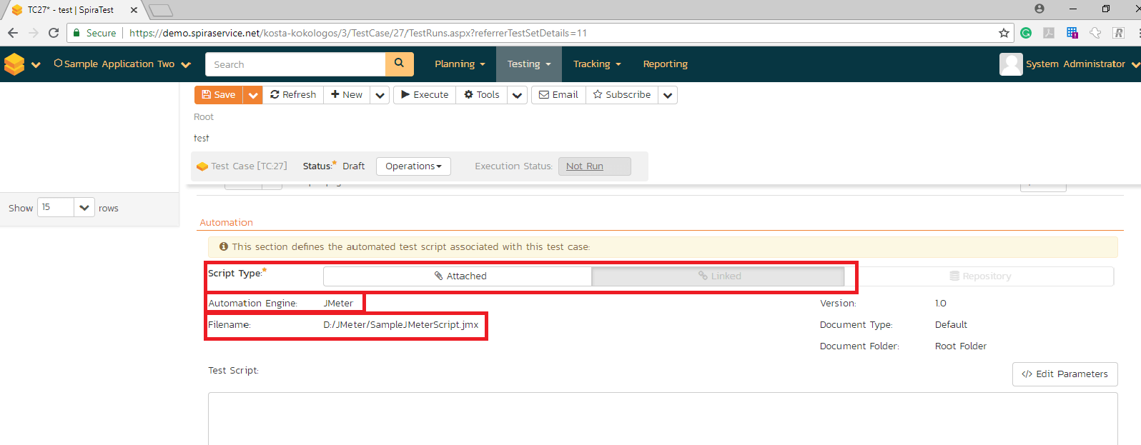 the field File Name should be populated with path to the JMeter script that needs to be executed with the Test Case