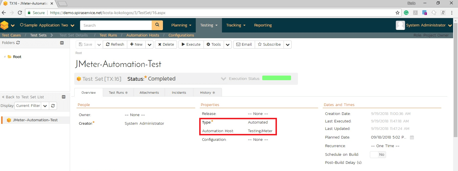 Type is set to Automated, while Automation Host is configured to value "TestingJMeter" which is the name of the host that was configured in the previous step