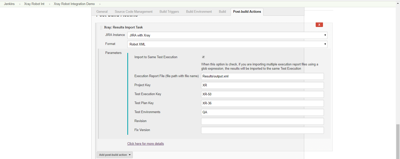 Xray: Results Import Task – configured for Robot framework