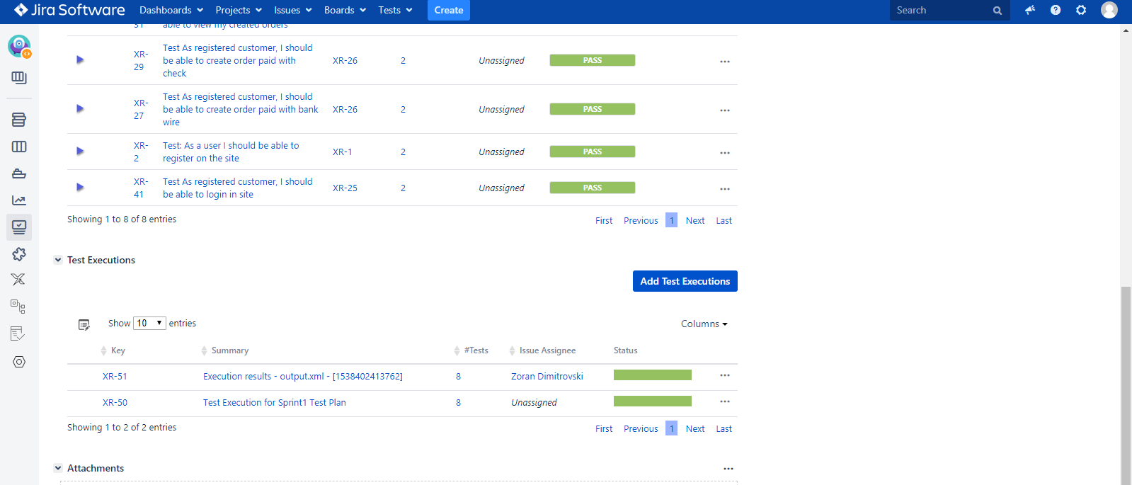 Test Plan with the associated two Test Executions