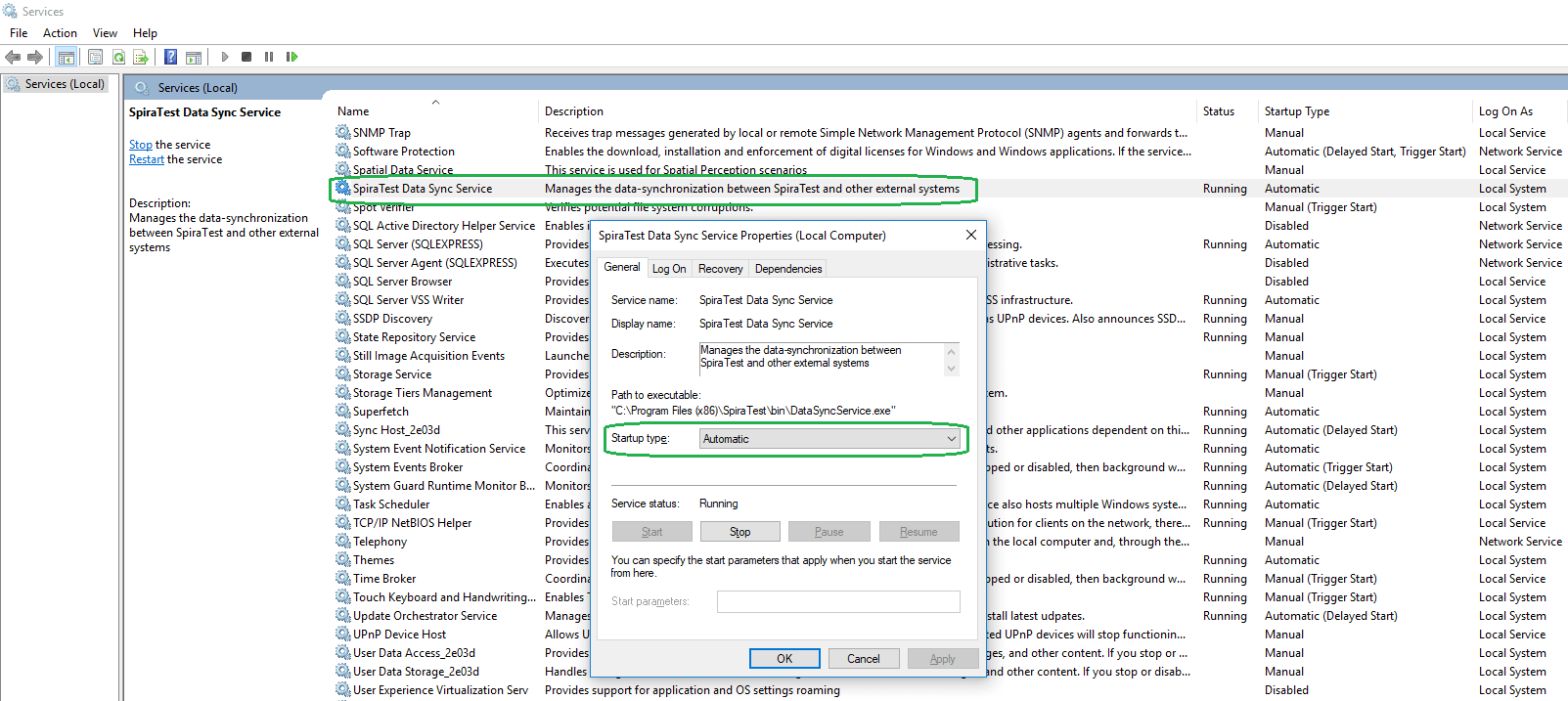  Start (and set to Automatic) SpiraTest Data Sync Service from the Windows Services. Right click on the service, select Properties and set it to Automatic.