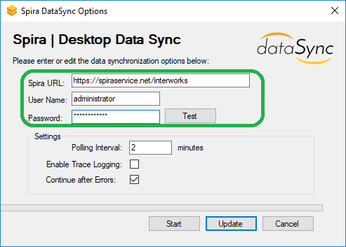 enter the URL, login, password to your cloud-hosted SpiraTest and click Test