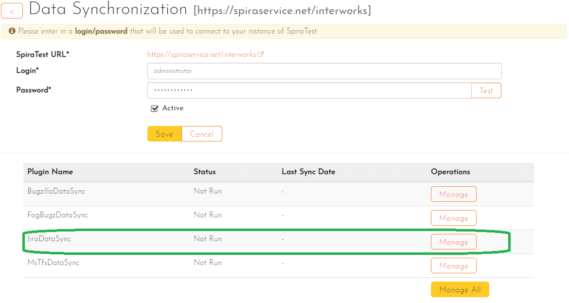 list of plugins where you can click Manage to complete the configuration