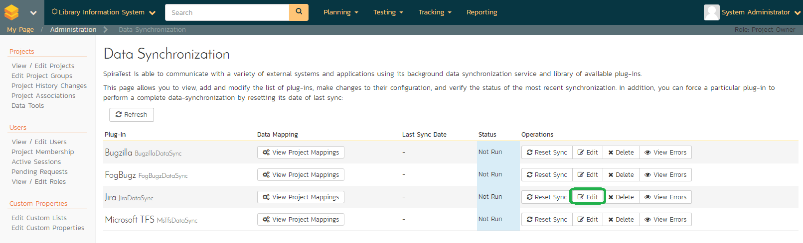 o configure connection between JIRA and SpiraTest, click on JiraDataSync Edit button