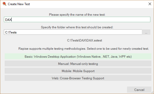 In the Create New Test dialog we select the name, location, and type of application under test