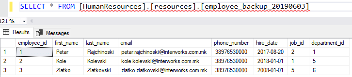 Figure 11 Data in the backup table