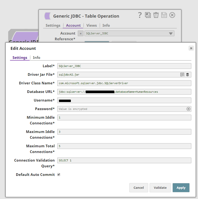 Figure 7 Setting up JDBC account