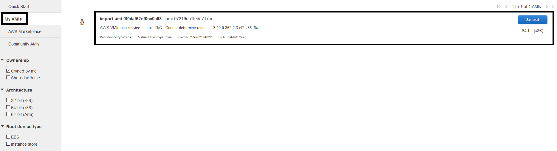 To Create EC2 Instance go to Instances > Launch Instance > My AMIs and select your AMI