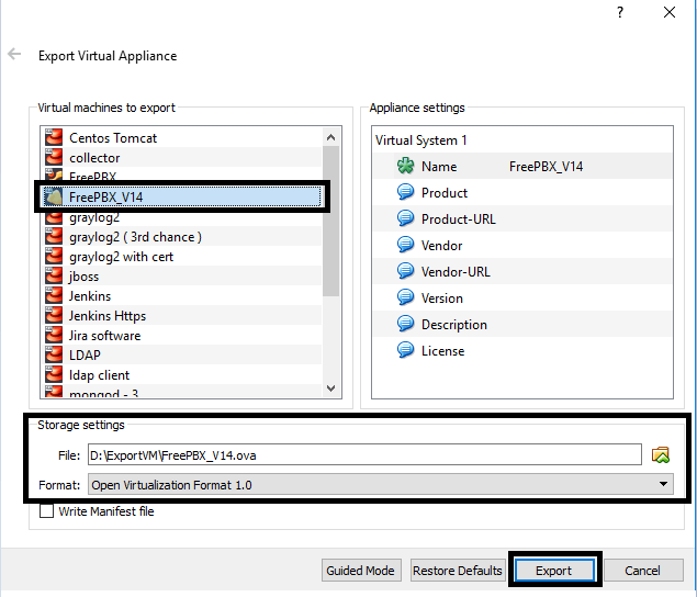 select your desired machine, pick a destination where the exporting image needs to be saved, select format and click export