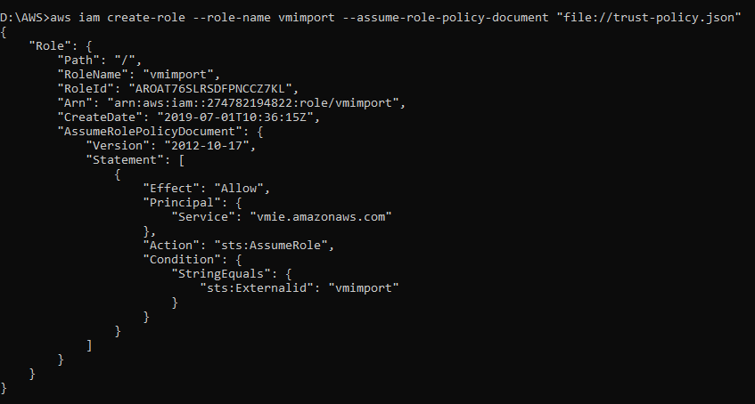 After the file is successfully created start CMD and type the following command. In our case, all files we are creating will be located in D:\AWS\ and CMD is started on that location