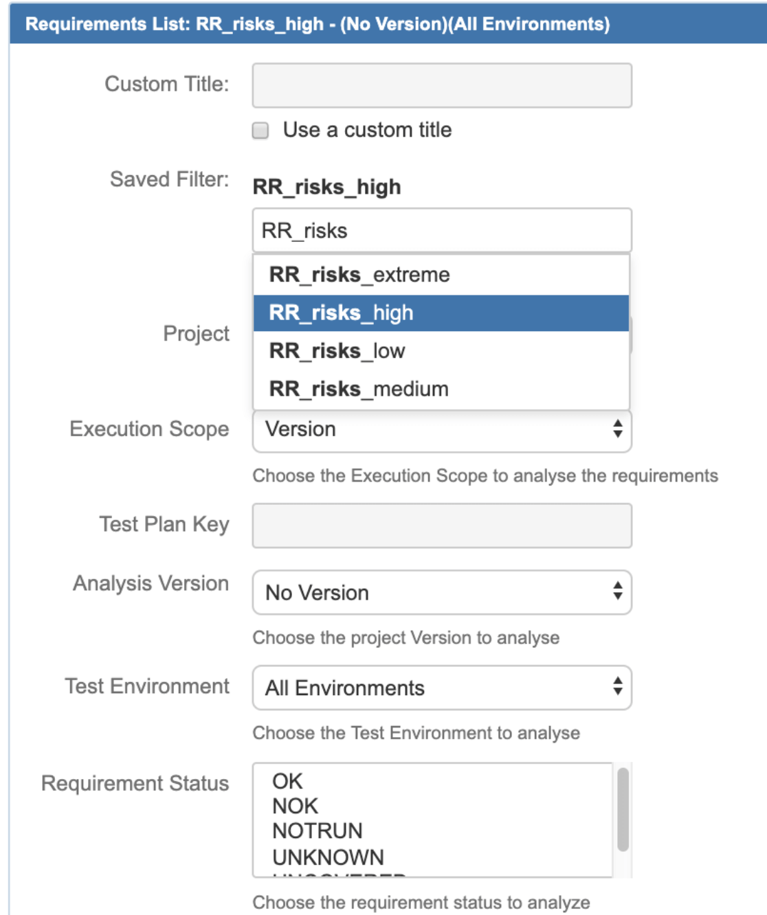 Configuration for Requirements List gadget