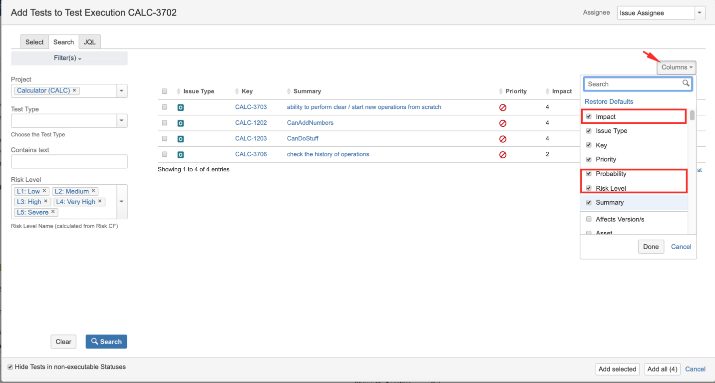 Add Test to Test Execution, sorted or ranked by Risk level, Impact or Probability