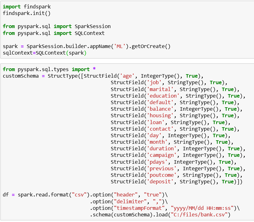 Spark Session and define the structure of the file