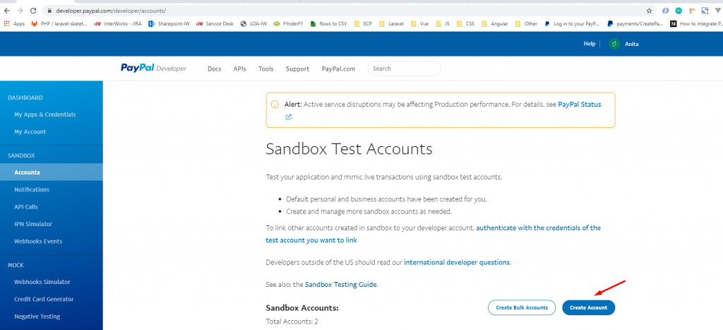 PayPal account and browse the sandbox section
