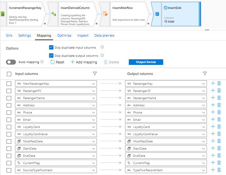 Mapping when loading the data into Azure Synapse analytics