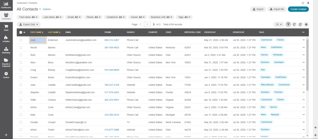 Contacts website table