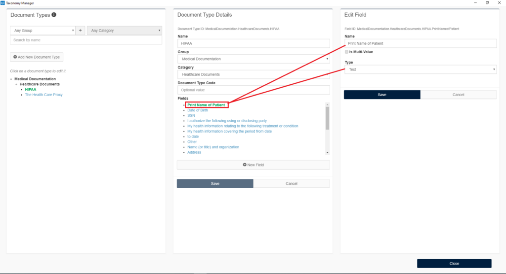 Taxonomy Manager (text fields from the documents)