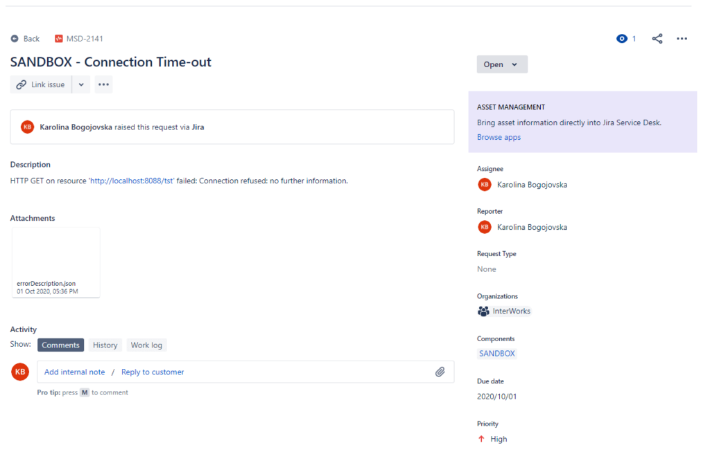 Jira creation flow in the error handling accelerator