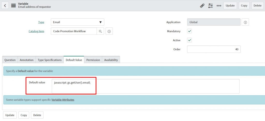 JavaScript function inserted into the default value of the variable