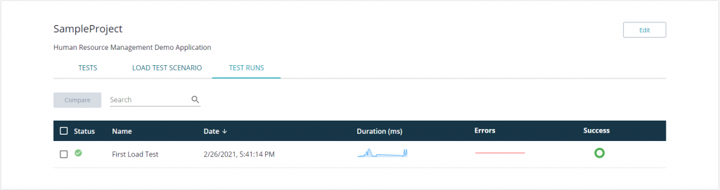  In the “Test Runs” tab you can find all load test executions