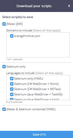 Saved sample test scenario in different types of the test script