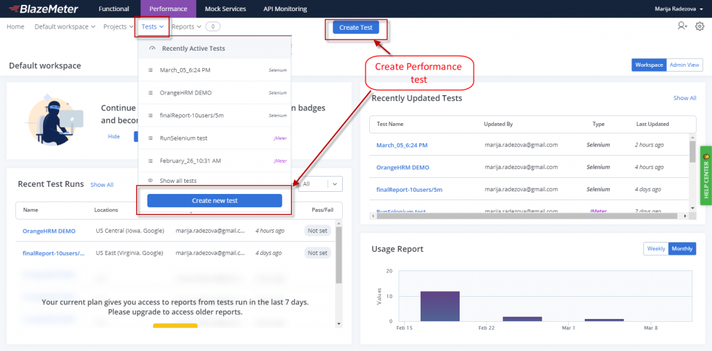 BlazeMeter Home Page on Performance tab