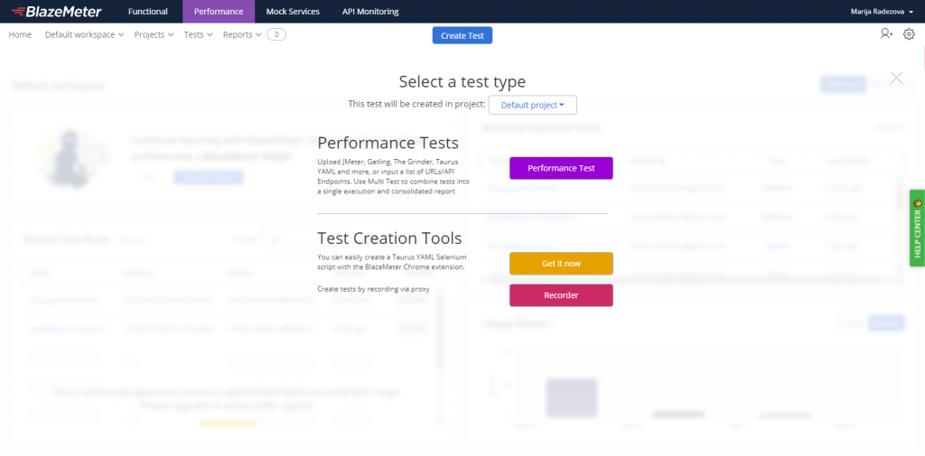 Selecting a test type in BlazeMeter when Create Test is clicked