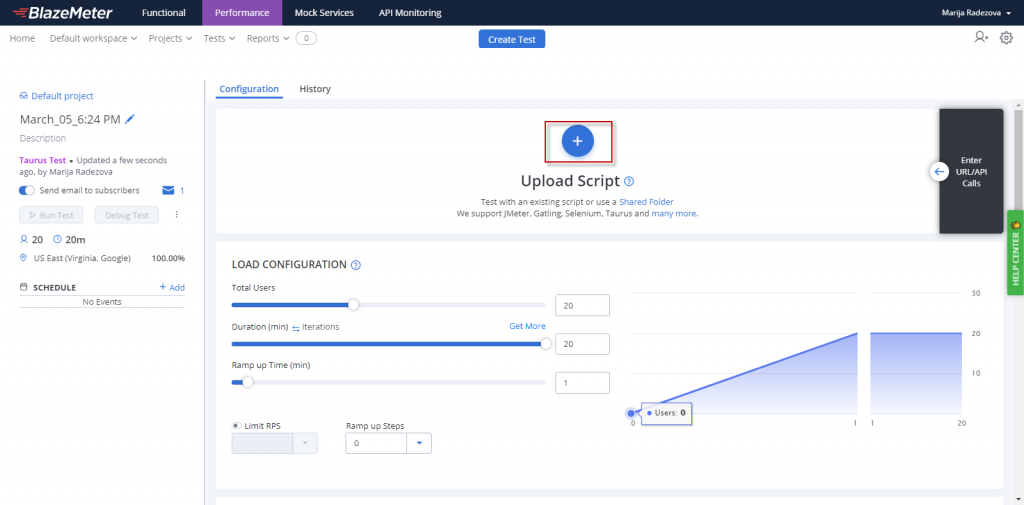 Configuring load test script screen in BlazeMeter