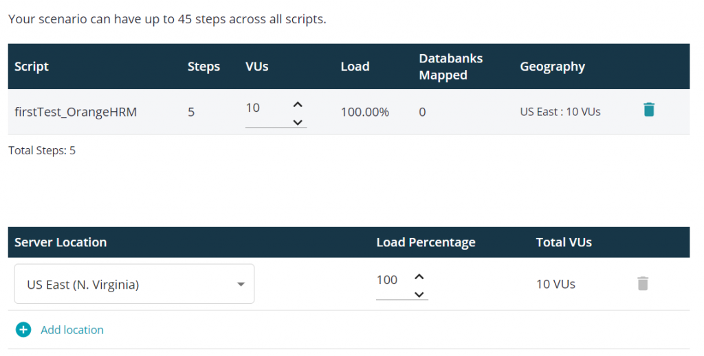 Test configuration screen