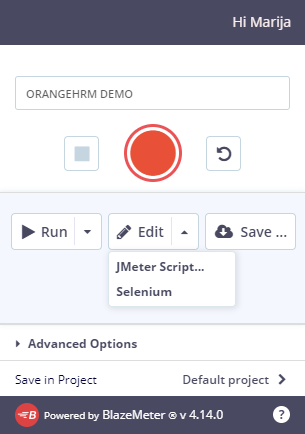 Edit and Run options in BlazeMeter Chrome Extension