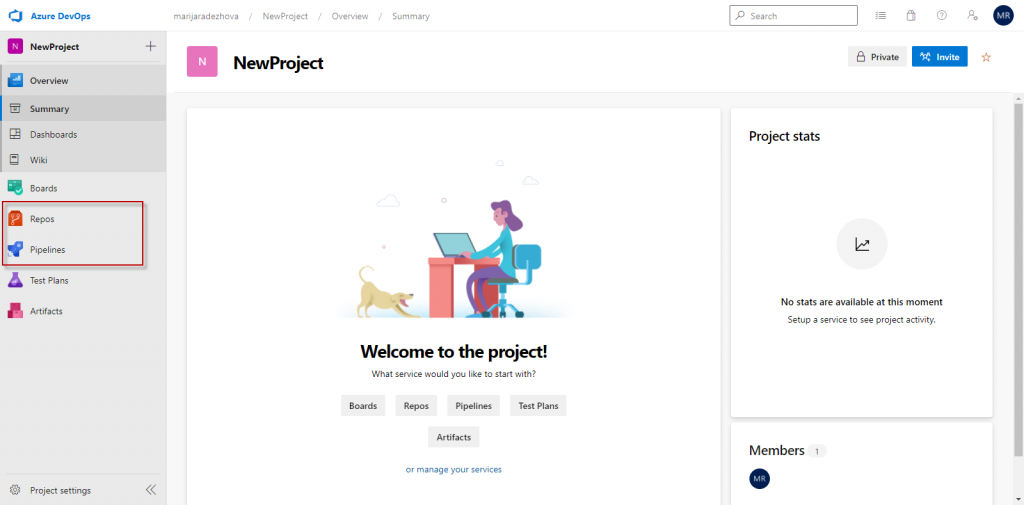 A dashboard of the newly created project – Repos and Pipelines highlighted on the left menu