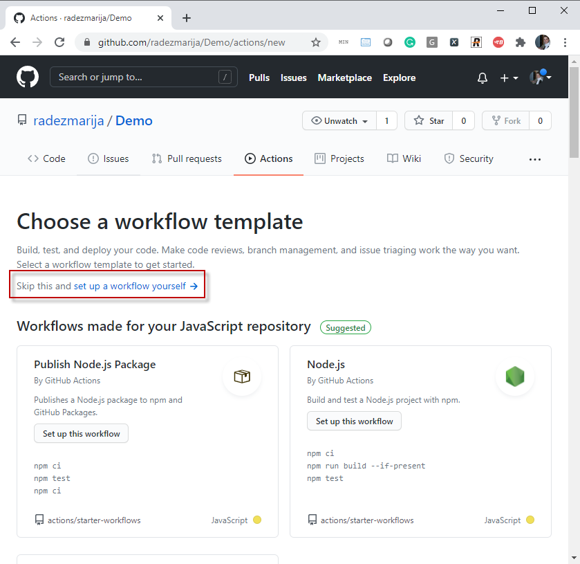 Choose a sample configuration for the workflow from GitHub Market or create your own