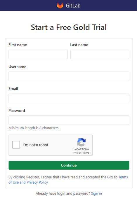 Gitlab Registration page,