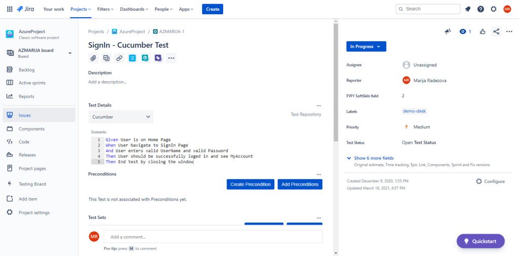 Cucumber Test in Jira Cloud Instance