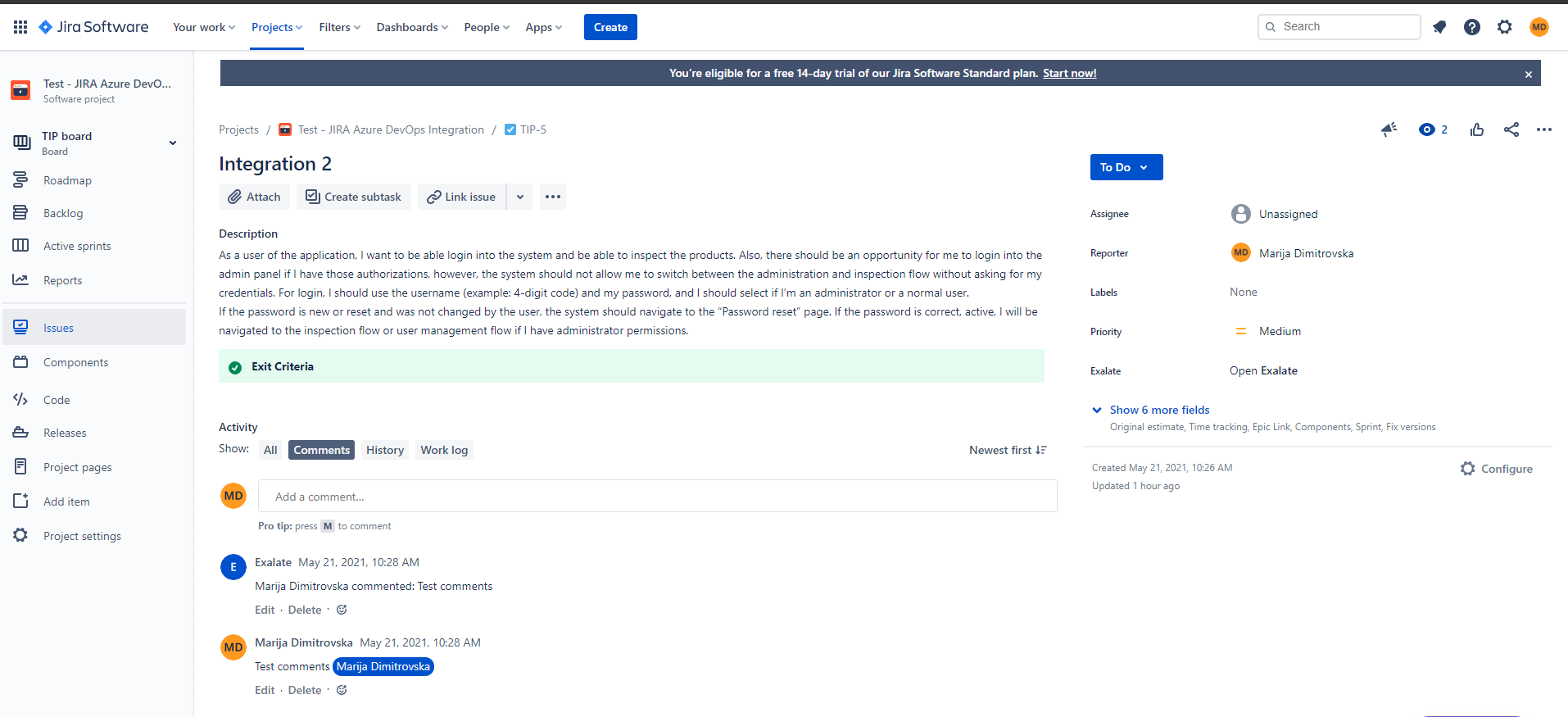 Test - Create user story and comment on the JIRA instance