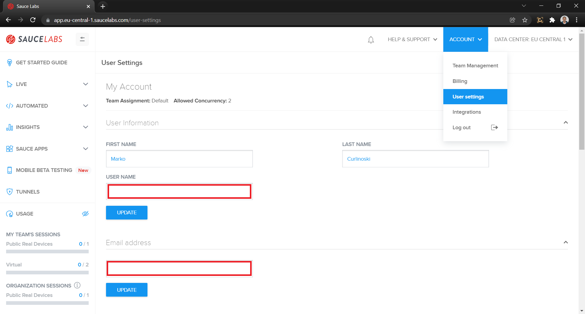 Navigating to user settings