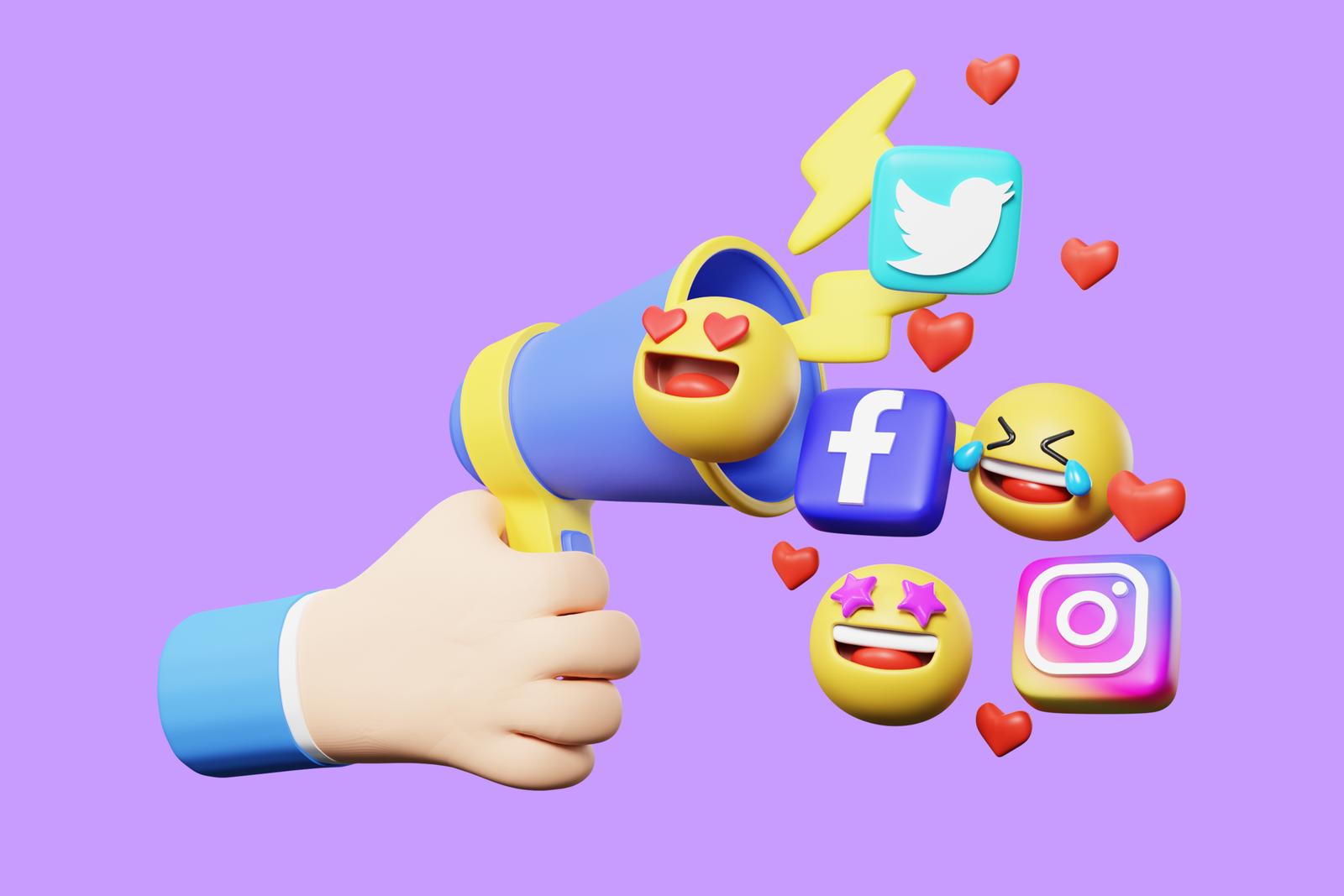 3d rendering of hand holding megaphone, digital marketing social media